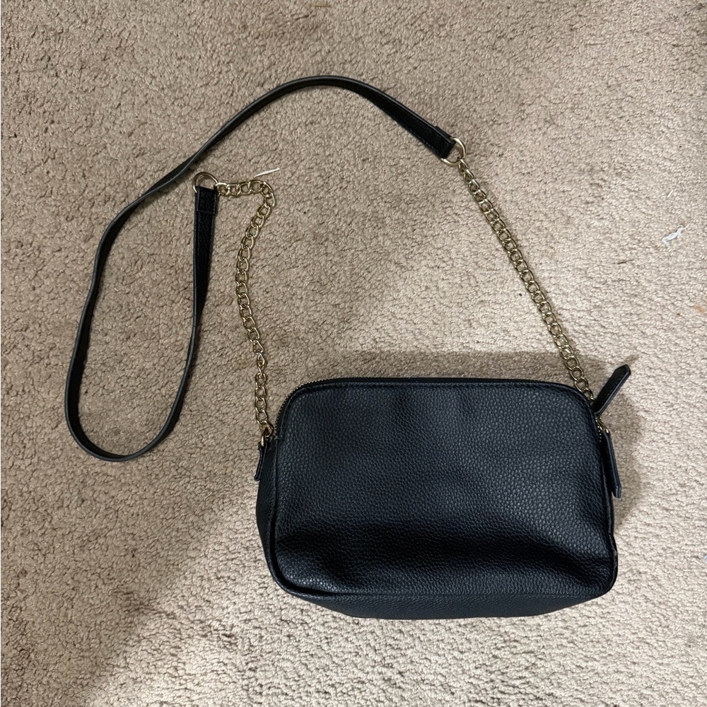 Black Leather Purse with Gold Chain